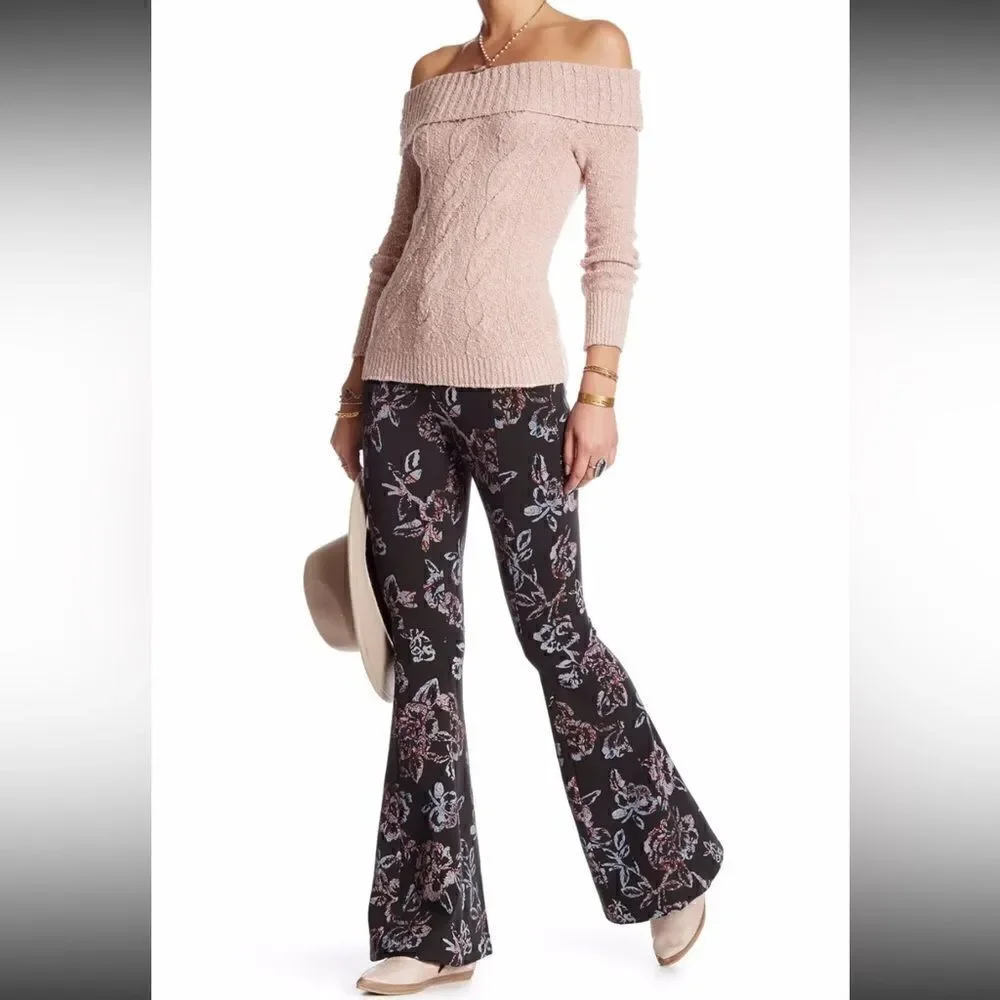 Free People Born To Be Wild Black Combo Stretch Ponte Bell Bottom - Picture 4 of 13